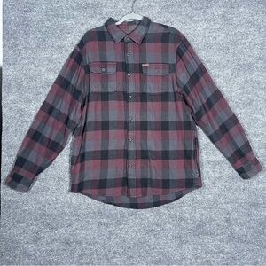 Orvis Mens Large Plaid Flannel Big Bear Shacket Heavyweight Maroon Shirt Jacket